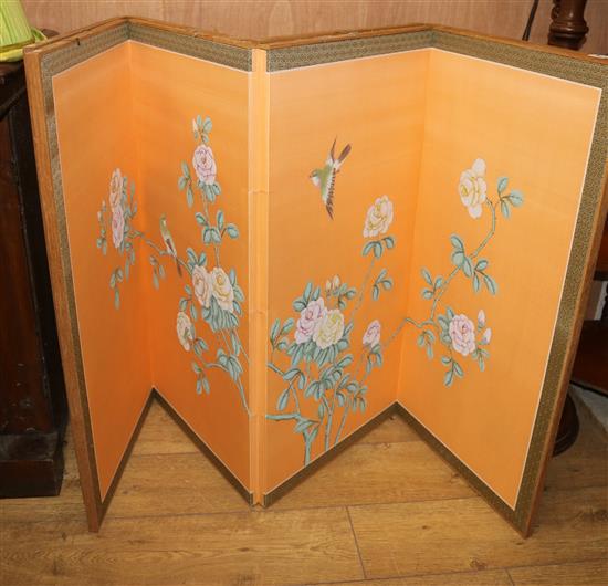 A pair of Chinese four fold screens, painted with peonies W.180cm